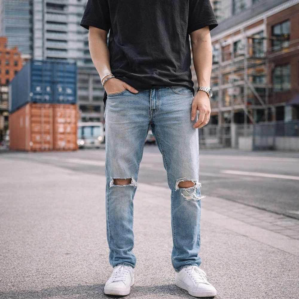 7 For All Mankind Paxtyn Distressed Slim Fit Jeans Cotton Blend Light Wash Denim
